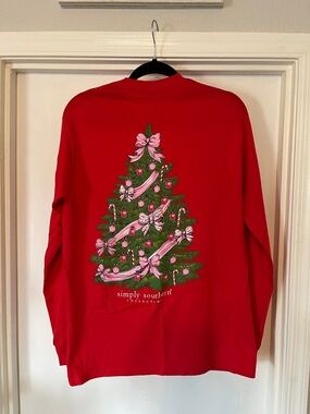 NWOT Simply Southern Red Long Sleeve Tee with Pink Ribbon Christmas Tree